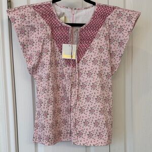Dondolo Rosalie Pink Floral Smocked Flutter Sleeve Blouse NWT Size XS